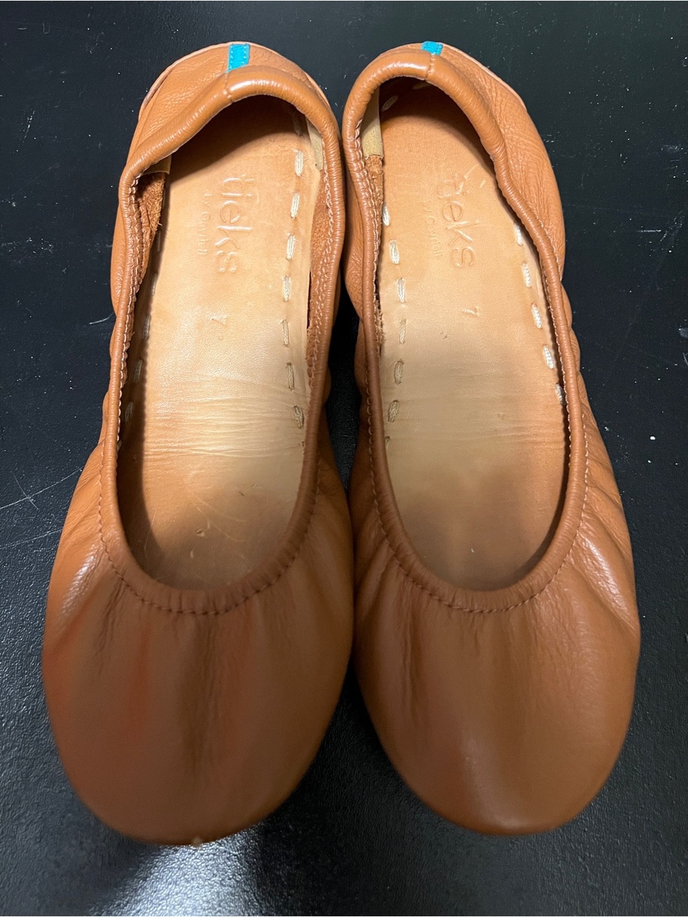 Tieks Leather Ballet Flats in Chestnut with Teal Heel Tab